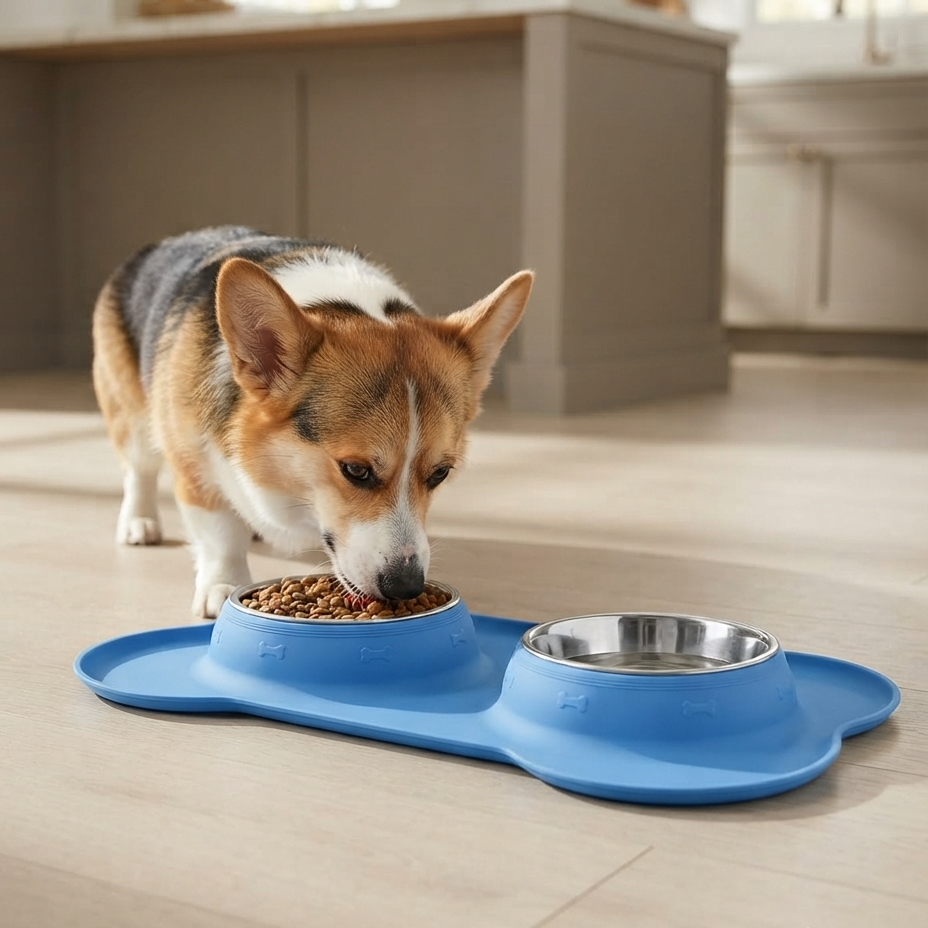 Double Dog & Cat Bowls with Silicone Mat – Non Slip Food & Water Set