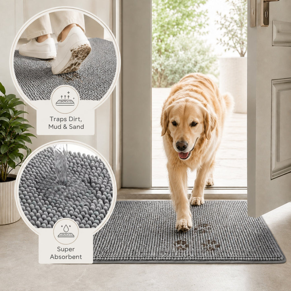 Dog Door Mat - Washable Absorbent Microfiber Mat for Muddy Paws, Grey