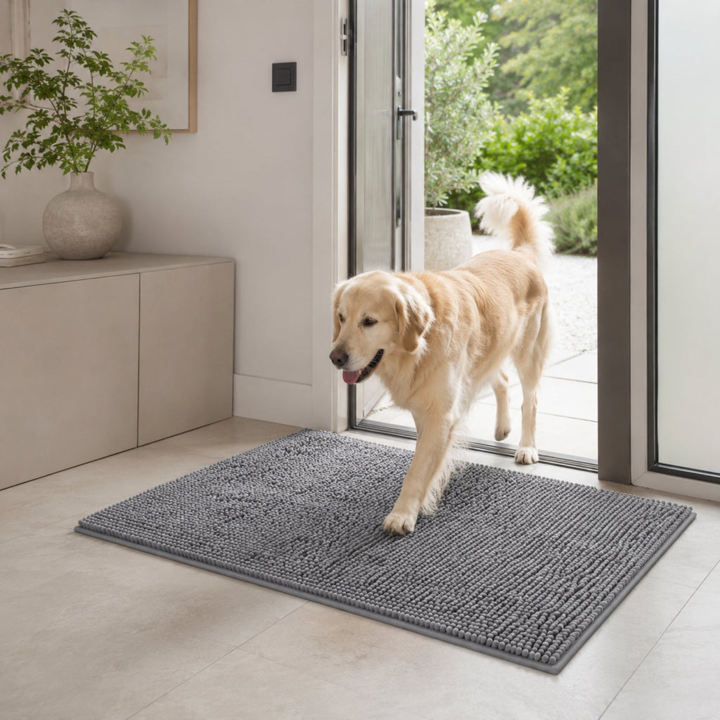 Dog Door Mat - Washable Absorbent Microfiber Mat for Muddy Paws, Grey