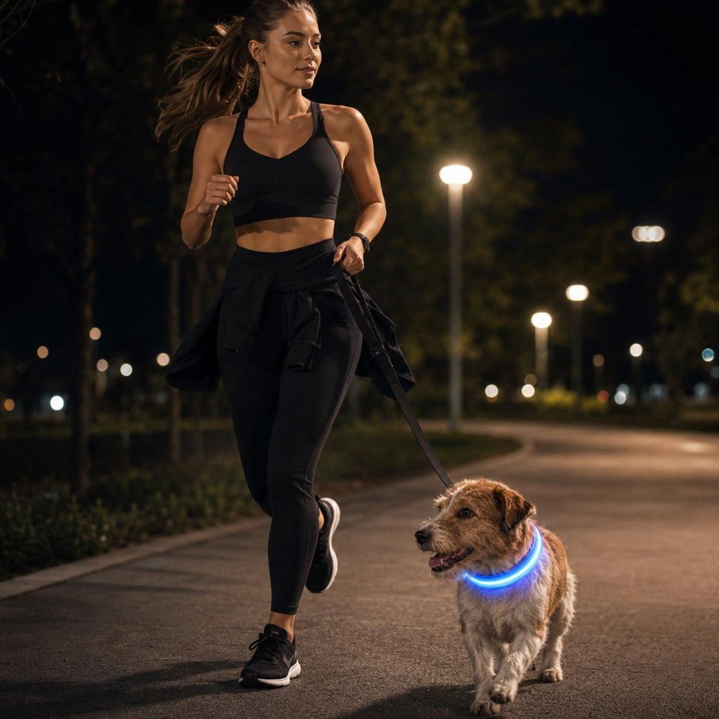 Adjustable LED Dog Collar – Nylon Light-Up Glow Collar for Night Walks