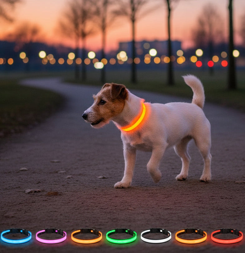 Adjustable LED Dog Collar – Nylon Light-Up Glow Collar for Night Walks