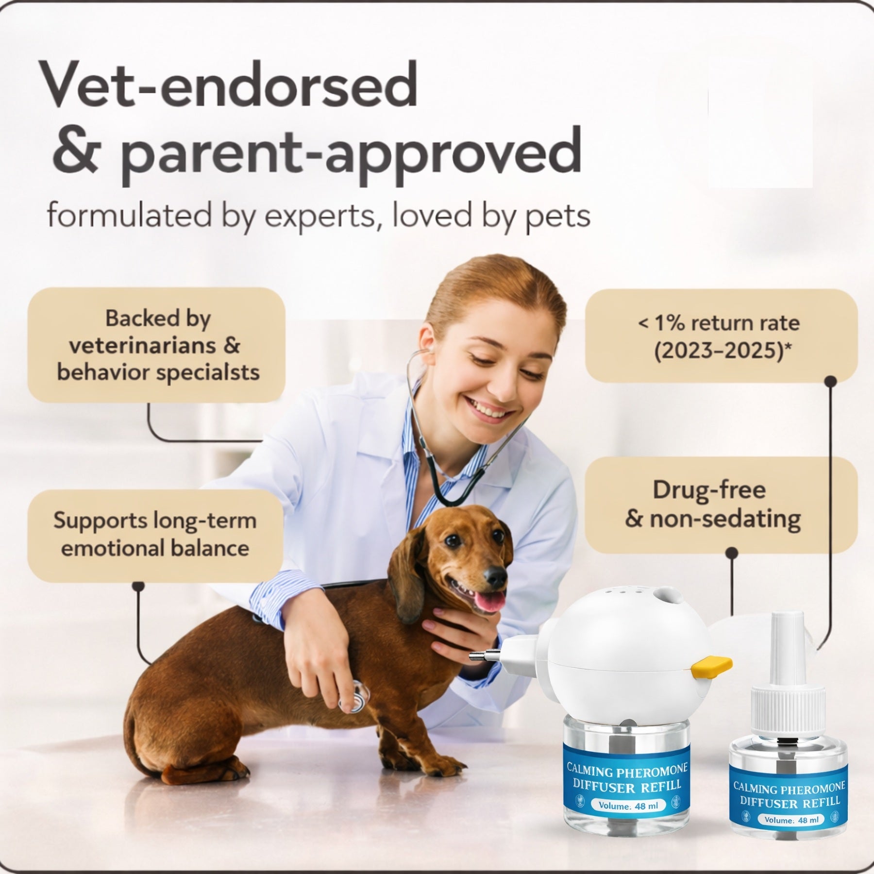 Dog Calming Diffuser, Plug-In Pet Calming Diffuser for Anxiety Relief