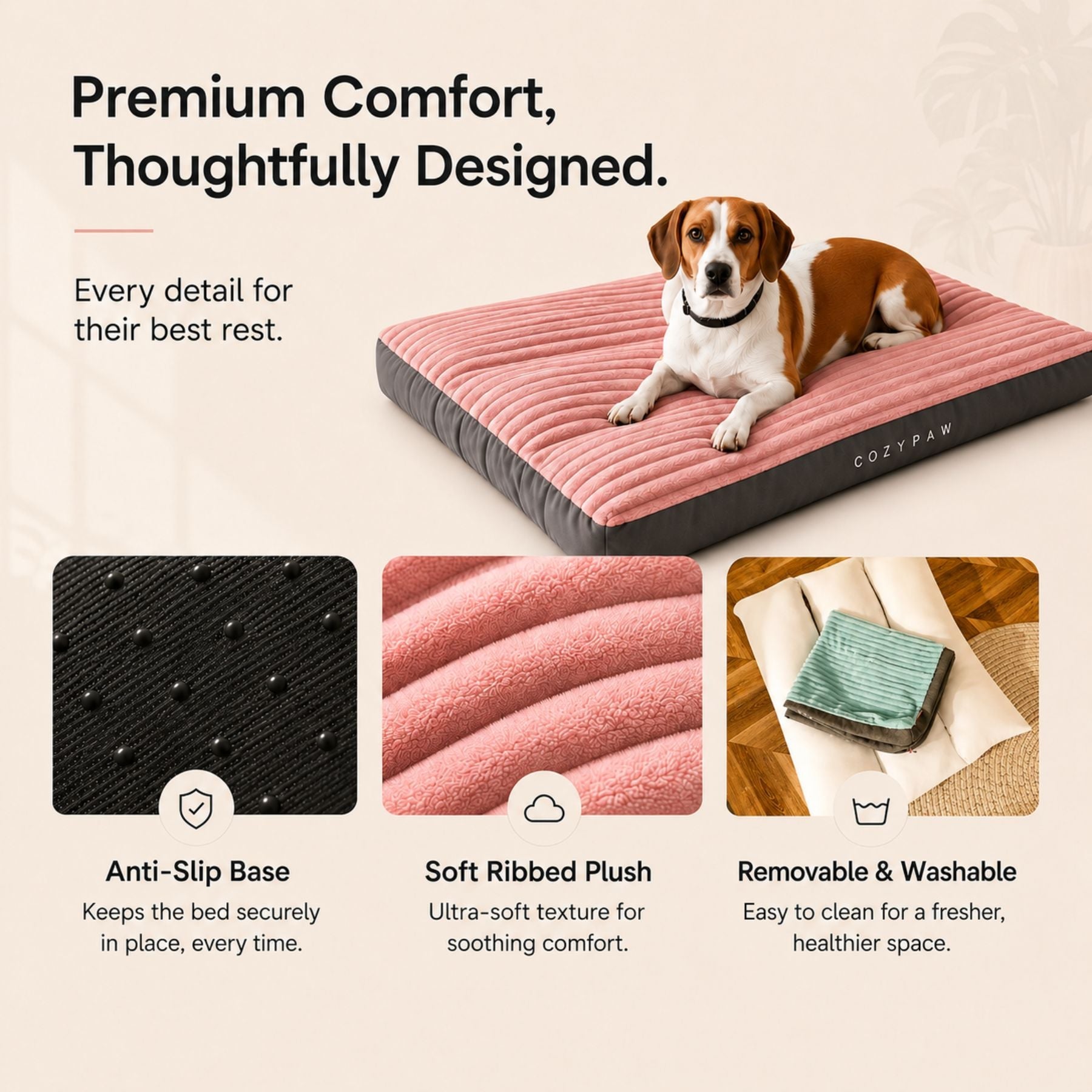 Luxury Extra Thick Washable Dog Bed Mat For Medium Large Dogs Ultra Soft Ribbed Plush Pet Mattress Non Slip Base Durable Comfort Sleeping Pad Pet Bed Furniture Indoor Outdoor
