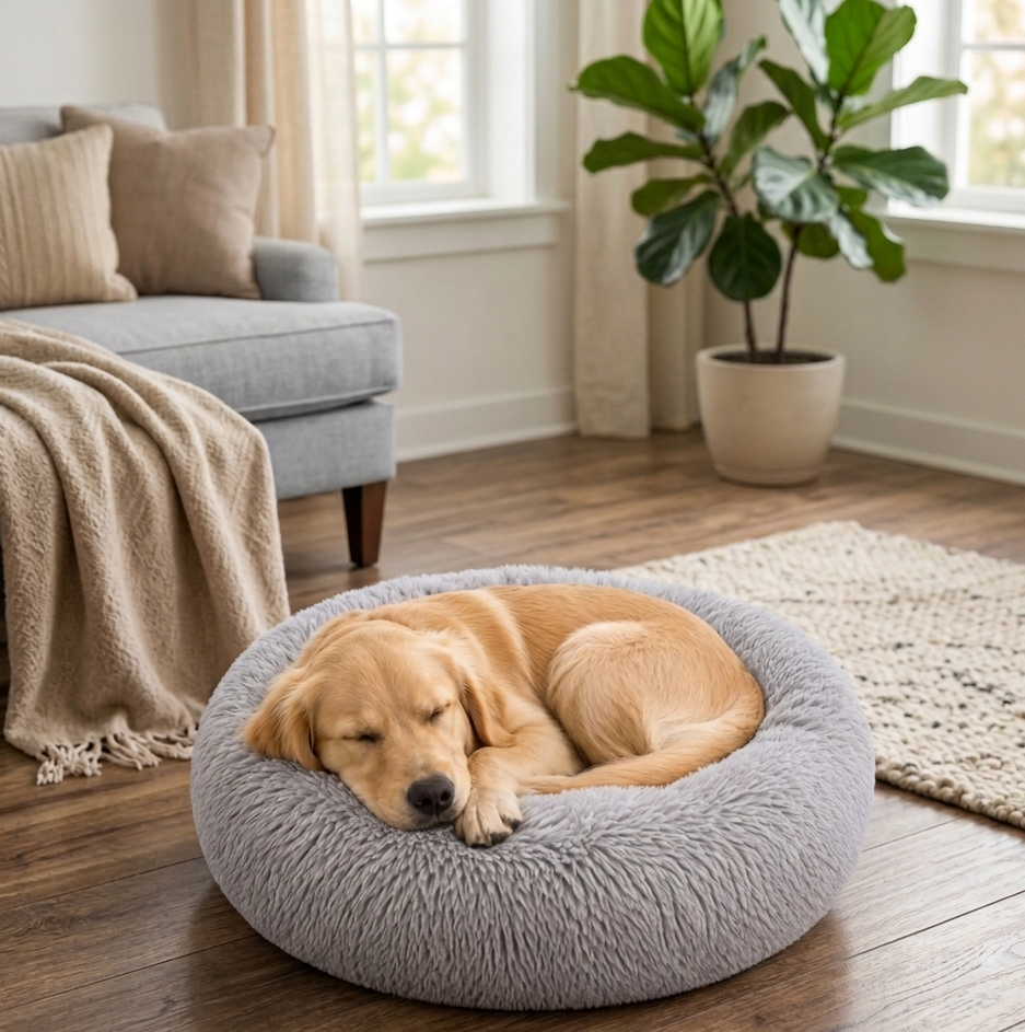 Luxury Calming Donut Dog Bed – Plush Faux Fur Washable Anxiety Pet Bed for Dogs & Cats