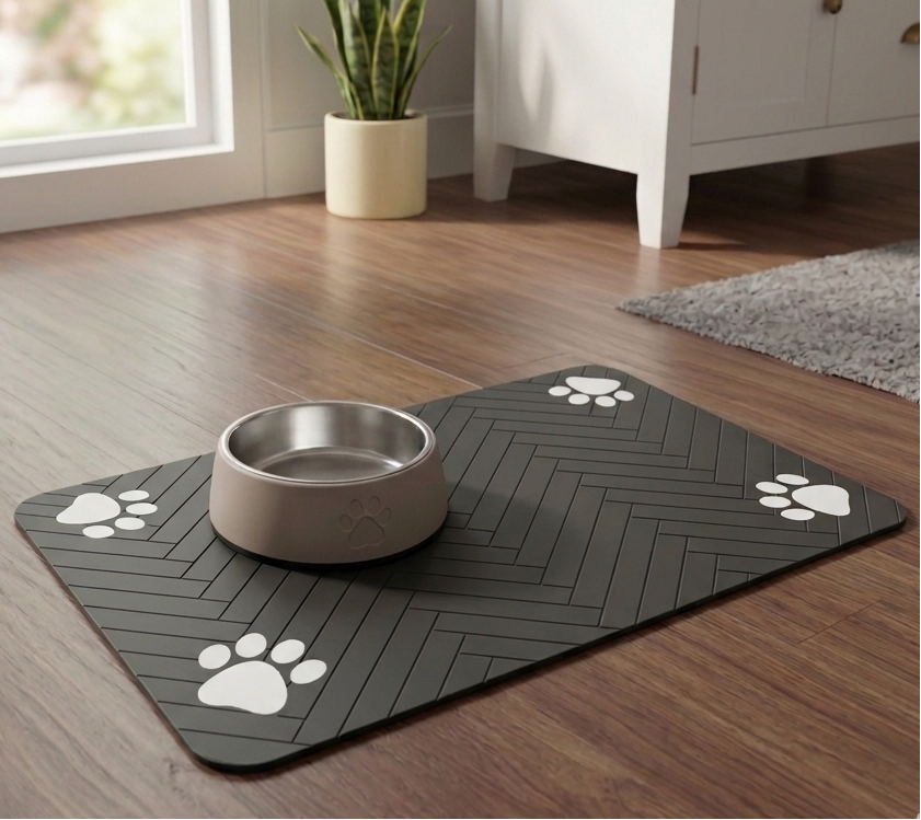 Pet Feeding Mat for Dogs & Cats – Non-Slip Waterproof Bowl Mat, Grey Herringbone Pet Food & Water Placemat, Mess Control Feeding Station Mat for Kitchen & Home Use