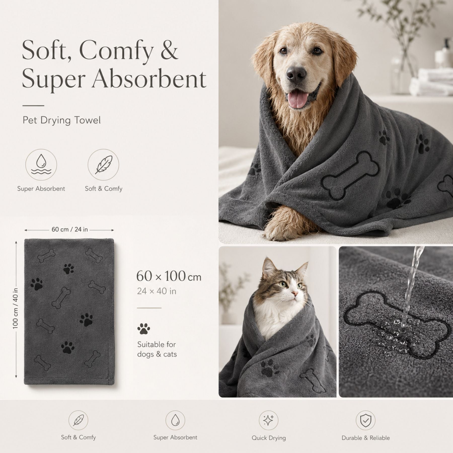 Microfiber Pet Towel For Dogs Cats Quick Dry Absorbent Bath Towel 1PC Ultra Soft Super Water Absorbing Grooming Drying Cloth Pet Cleaning Accessories Washable