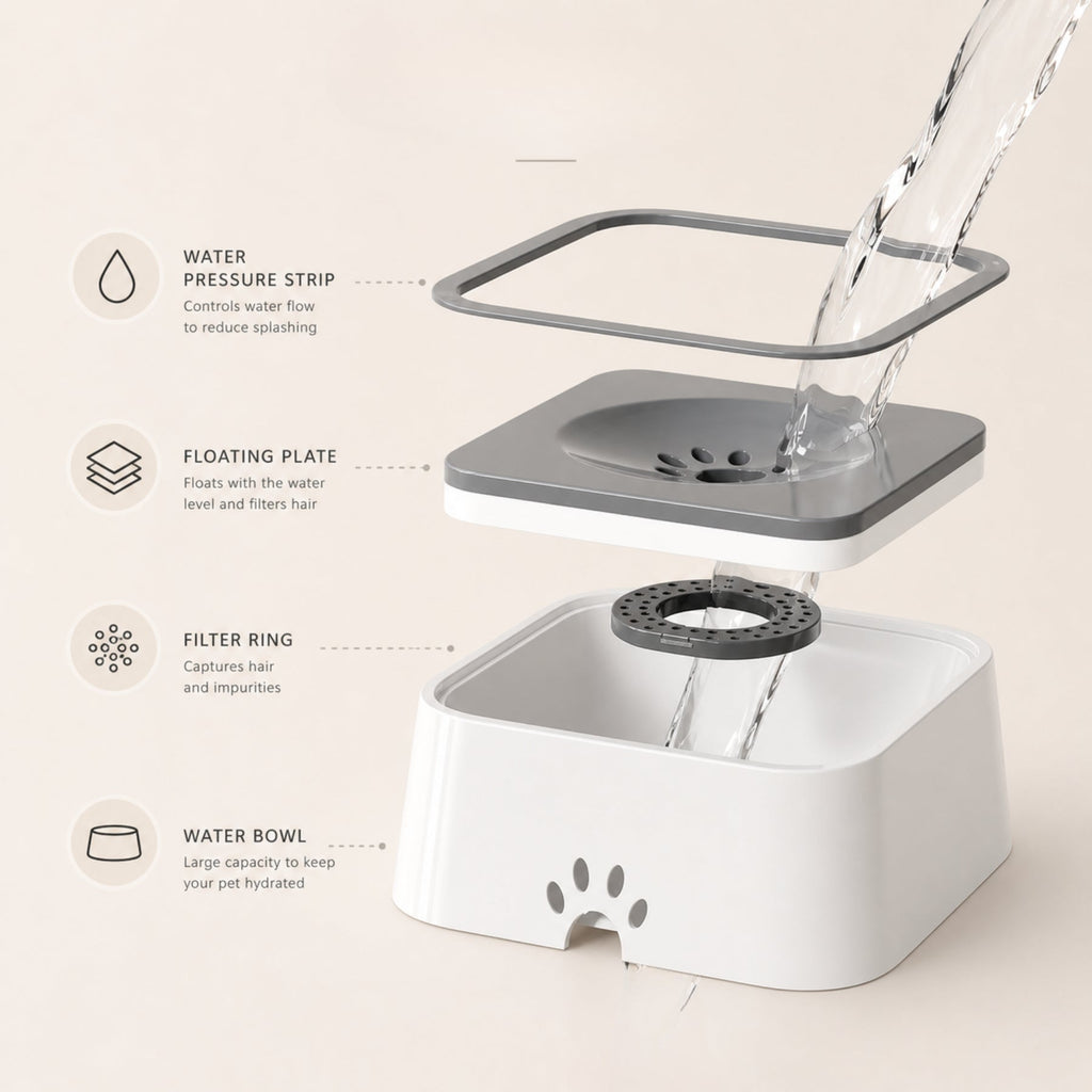 Pet Floating Water Bowl for Dogs & Cats – Anti-Spill Slow Drinking Water Dispenser with Filter