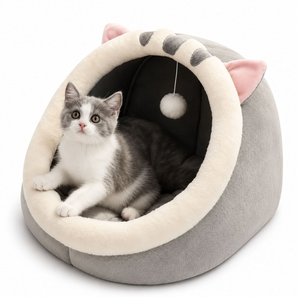 Plush Cat Cave Bed with Hanging Toy - Cozy Cat & Small Dog Bed