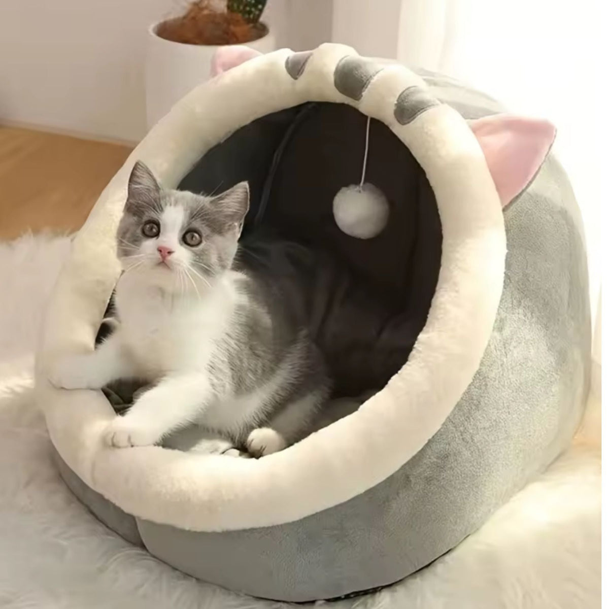 Plush Cat Cave Bed with Hanging Toy - Cozy Cat & Small Dog Bed