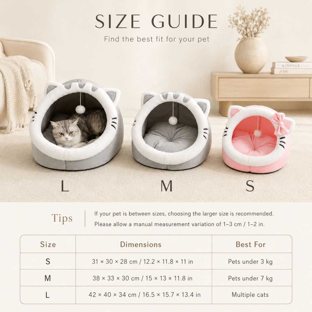 Plush Cat Cave Bed with Hanging Toy - Cozy Cat & Small Dog Bed