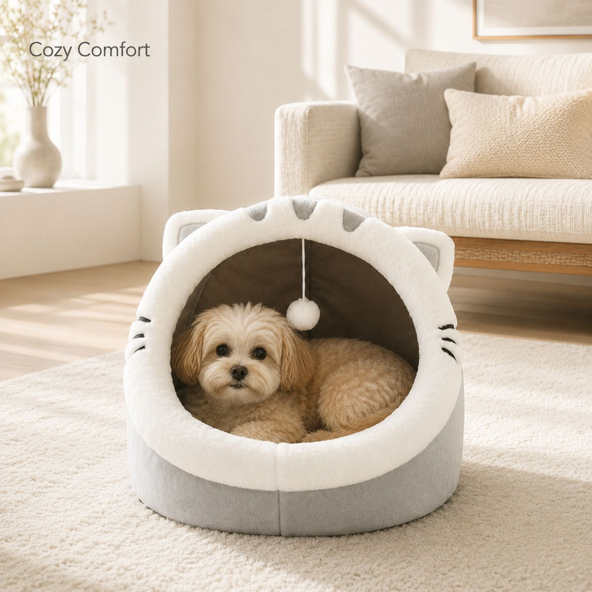 Plush Cat Cave Bed with Hanging Toy - Cozy Cat & Small Dog Bed