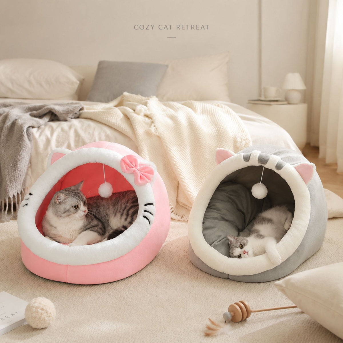 Plush Cat Cave Bed with Hanging Toy - Cozy Cat & Small Dog Bed