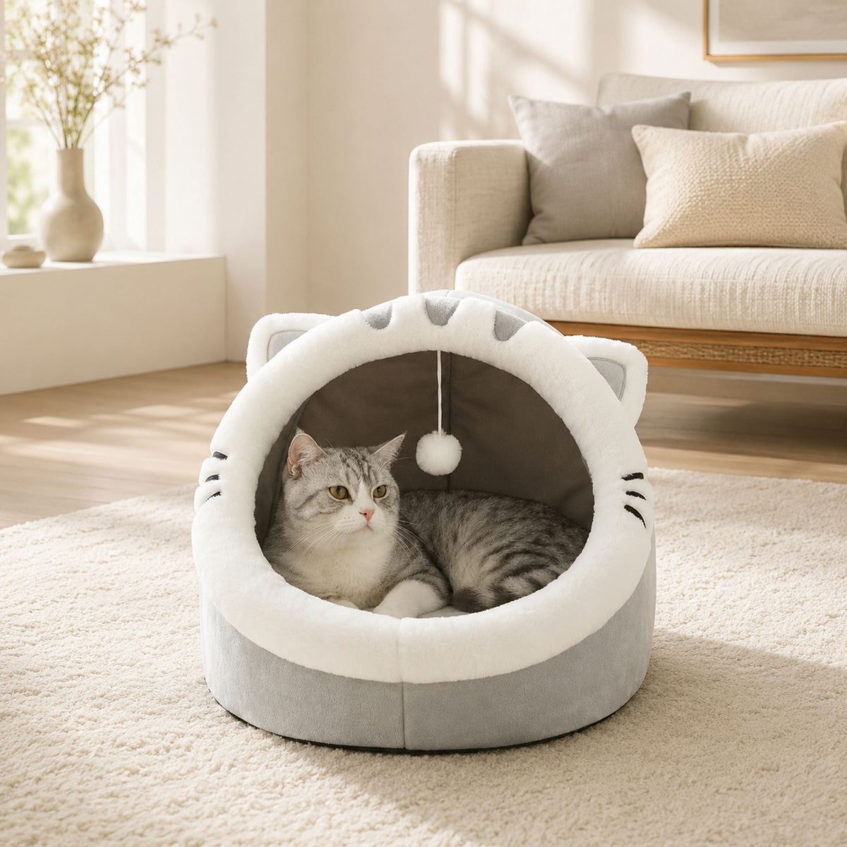 Plush Cat Cave Bed with Hanging Toy - Cozy Cat & Small Dog Bed