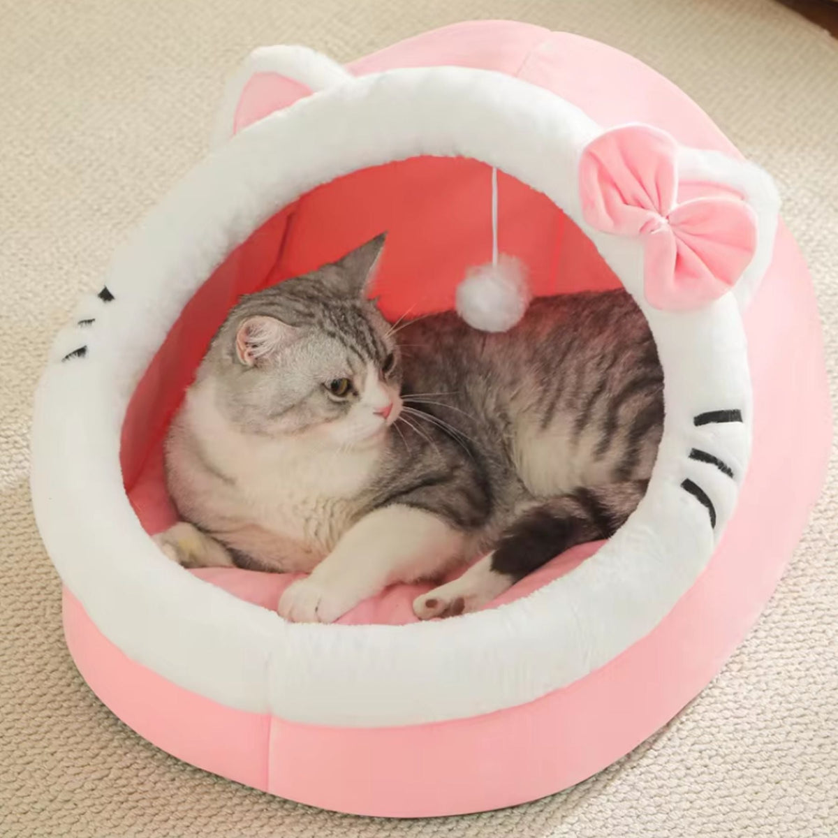 Plush Cat Cave Bed with Hanging Toy - Cozy Cat & Small Dog Bed