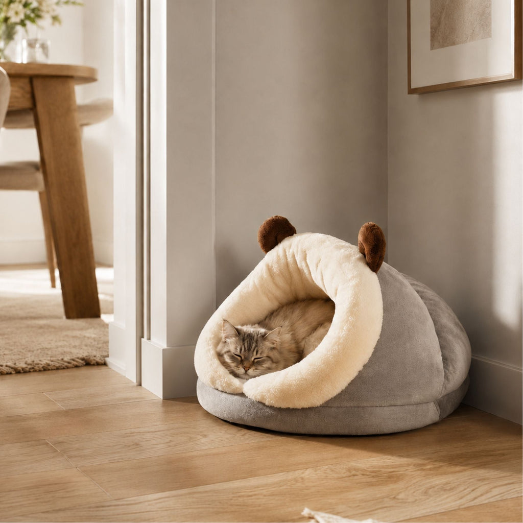 Hooded Cat Bed & Small Dog Cave Bed, Plush Cozy Pet Sleeping Nest