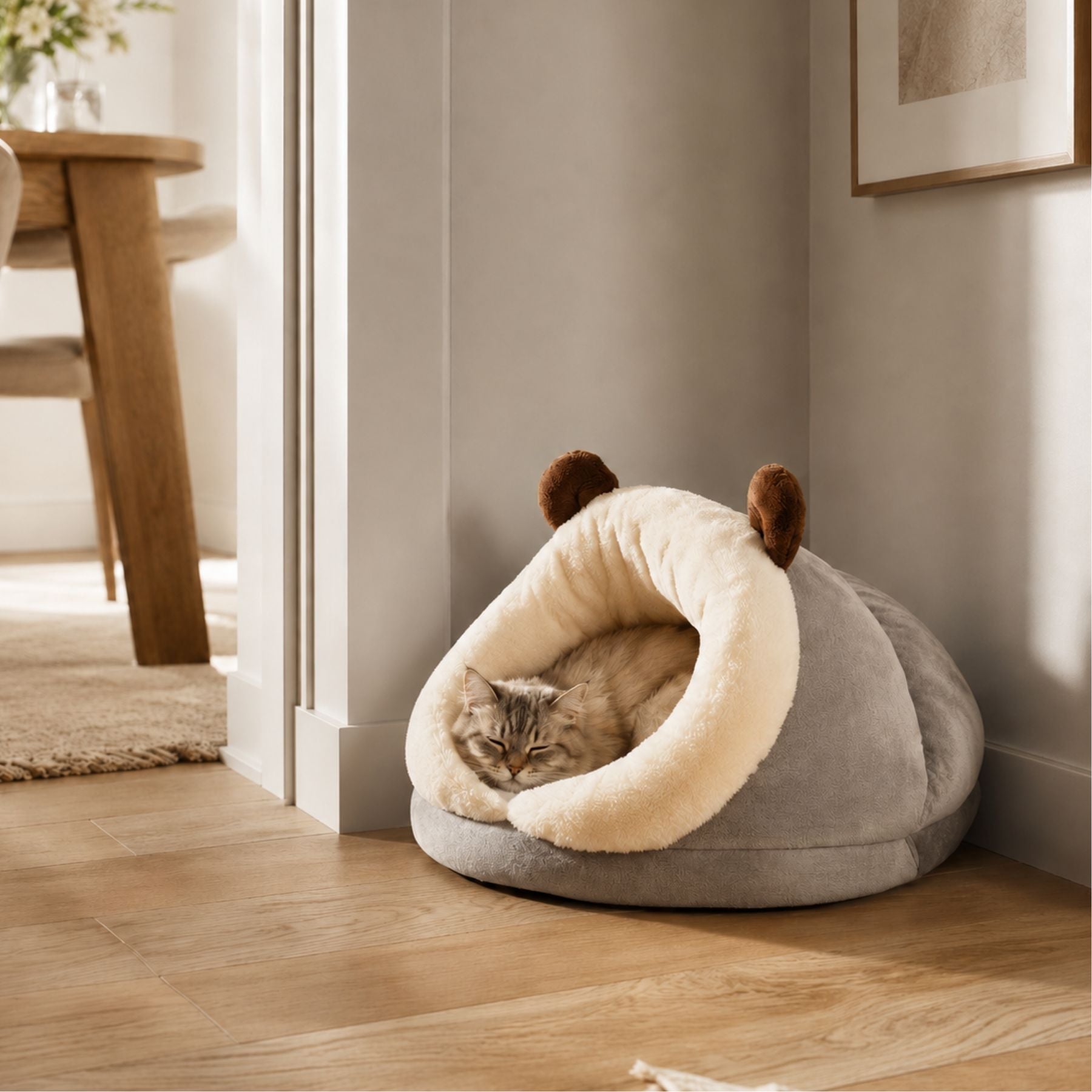 Hooded Cat Bed & Small Dog Cave Bed, Plush Cozy Pet Sleeping Nest