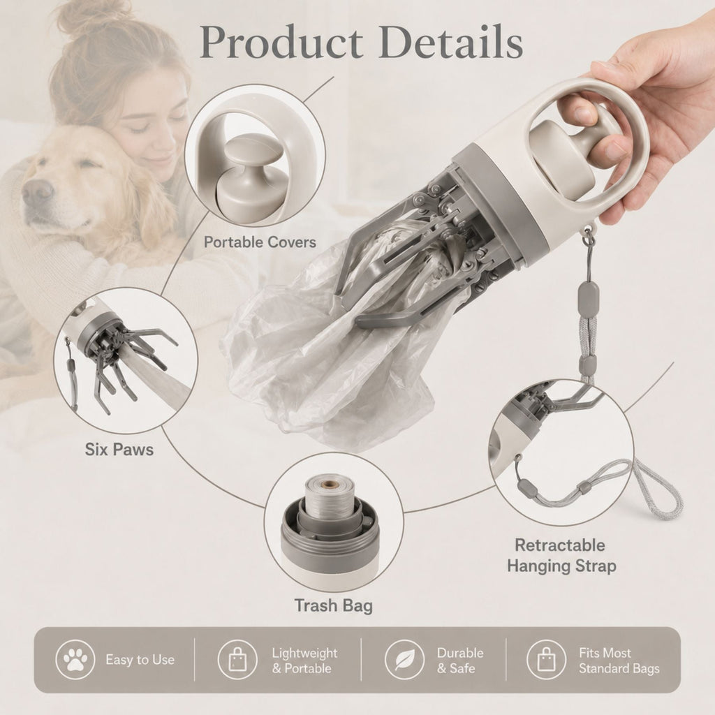Portable Dog Pooper Scooper with Built-In Waste Bag Dispenser – One-Handed Pet Waste Picker & Grabber Tool