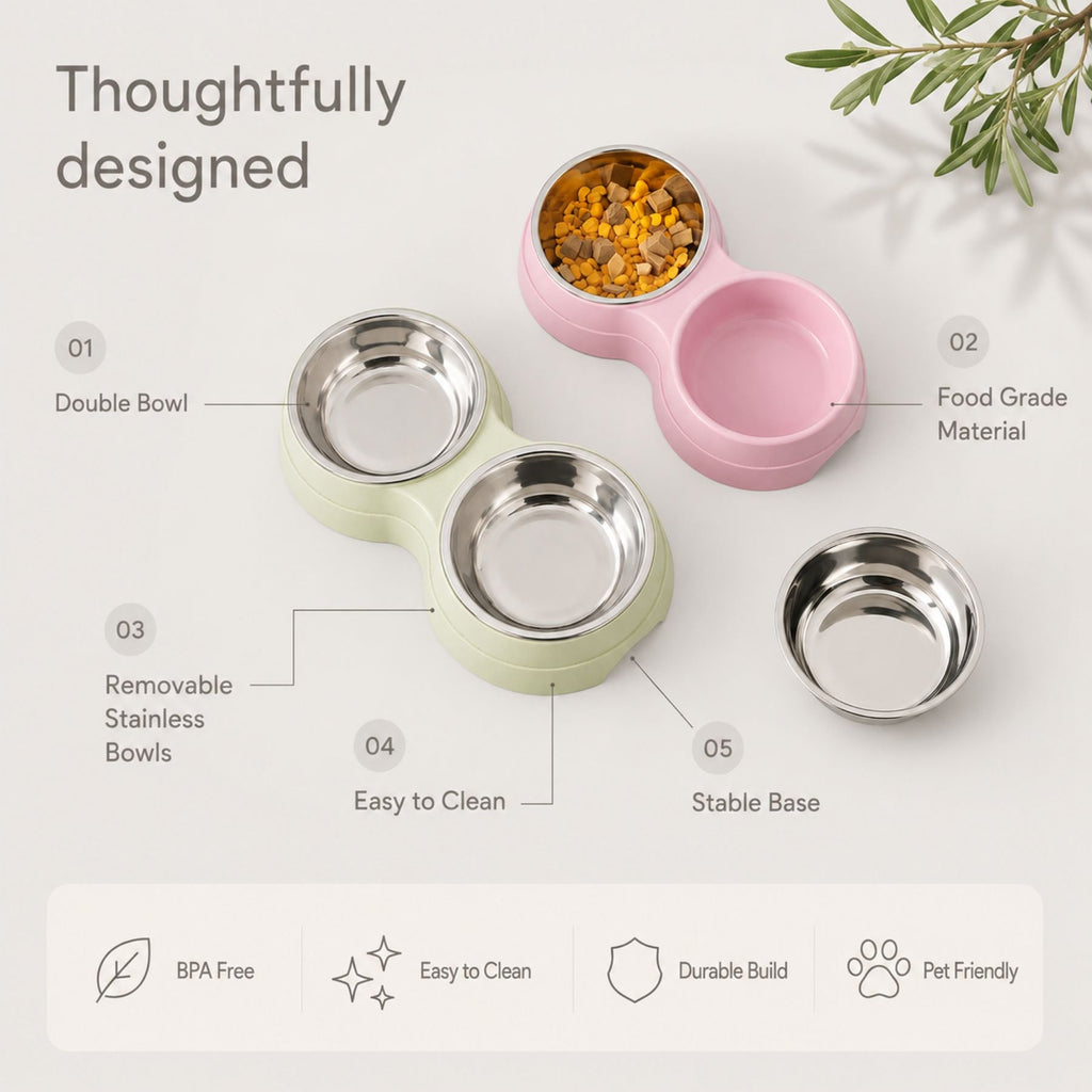 Premium Double Pet Feeding Bowl with Removable Stainless Steel Bowls – Food & Water Dish for Cats and Small Dogs