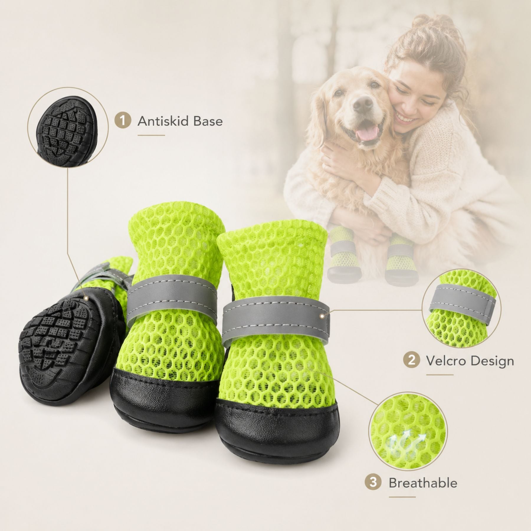 Reflective Anti-Slip Dog Shoes 4PCS – Adjustable Waterproof Paw Protector Boots for Small, Medium & Large Dogs, Non-Slip Outdoor Dog Booties for Walking, Hiking & Hot Pavement Protection