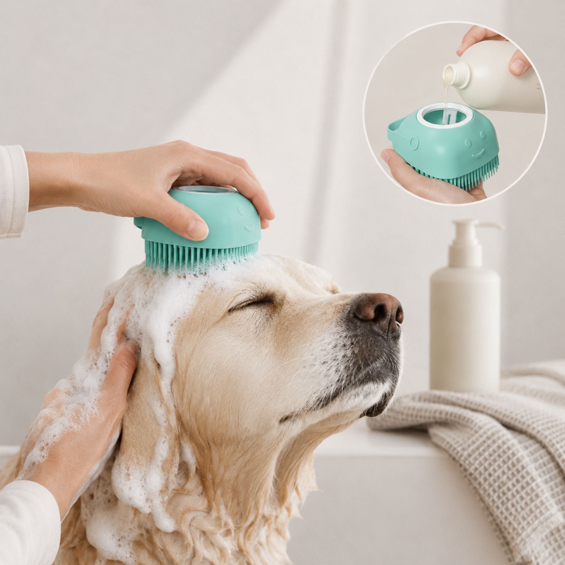 Silicone Pet Bath Massage Brush & Shampoo Dispenser for Dogs & Cats – 2-in-1 Grooming Tool for Bathing, Deep Cleaning & Skin Massage