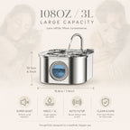 Automatic Stainless Steel Pet Water Fountain 3.2L 108oz for Dogs & Cats