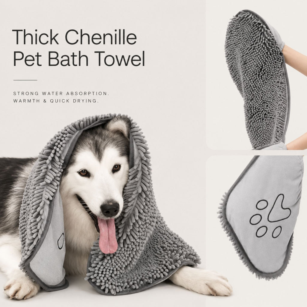 Super Absorbent Pet Drying Towel Glove Soft Chenille Dog Cat Bath Towel Quick Drying Microfiber Mitt Grooming Cleaning Pet Accessories Washable Fast Water Absorbing Mitt