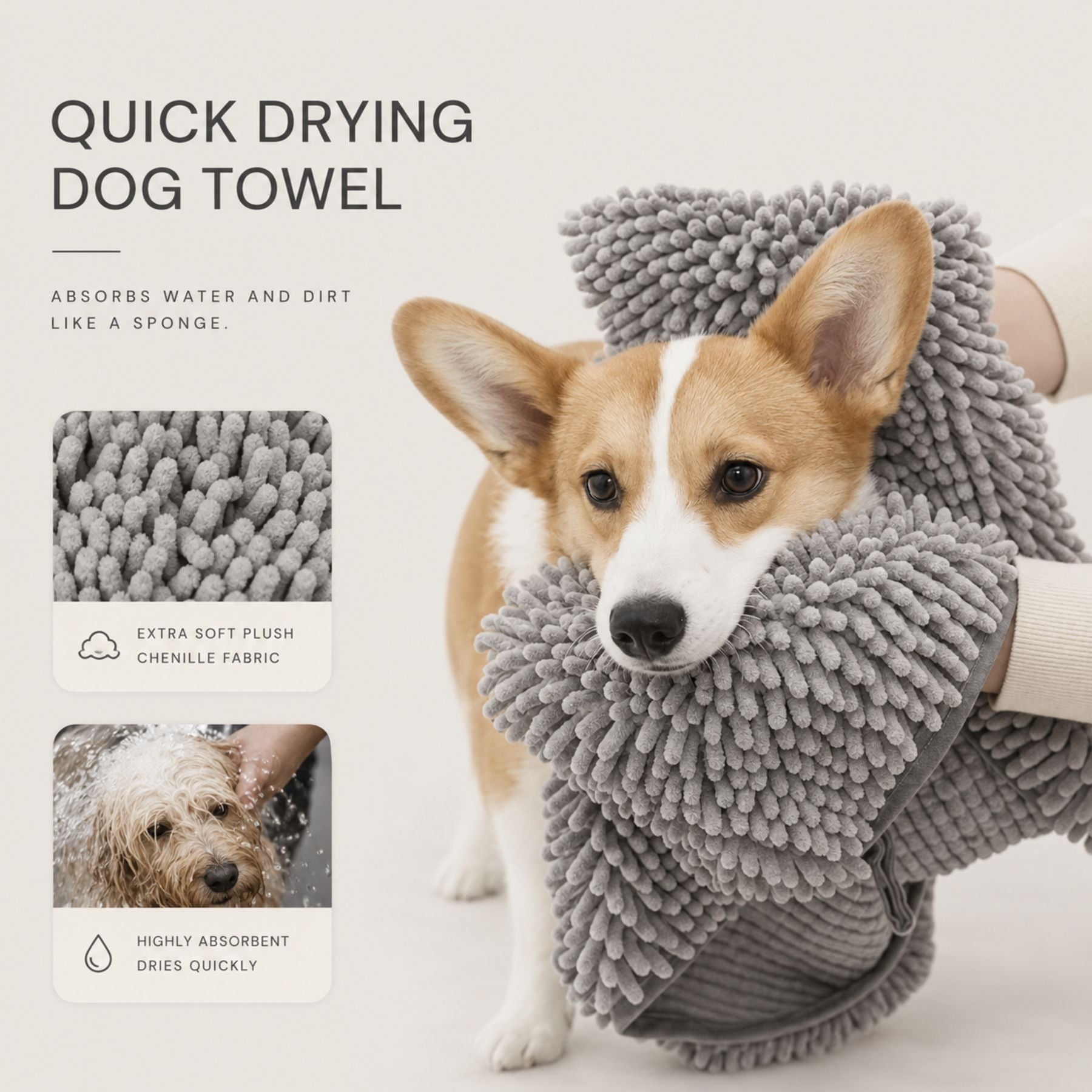 Super Absorbent Pet Drying Towel Glove Soft Chenille Dog Cat Bath Towel Quick Drying Microfiber Mitt Grooming Cleaning Pet Accessories Washable Fast Water Absorbing Mitt