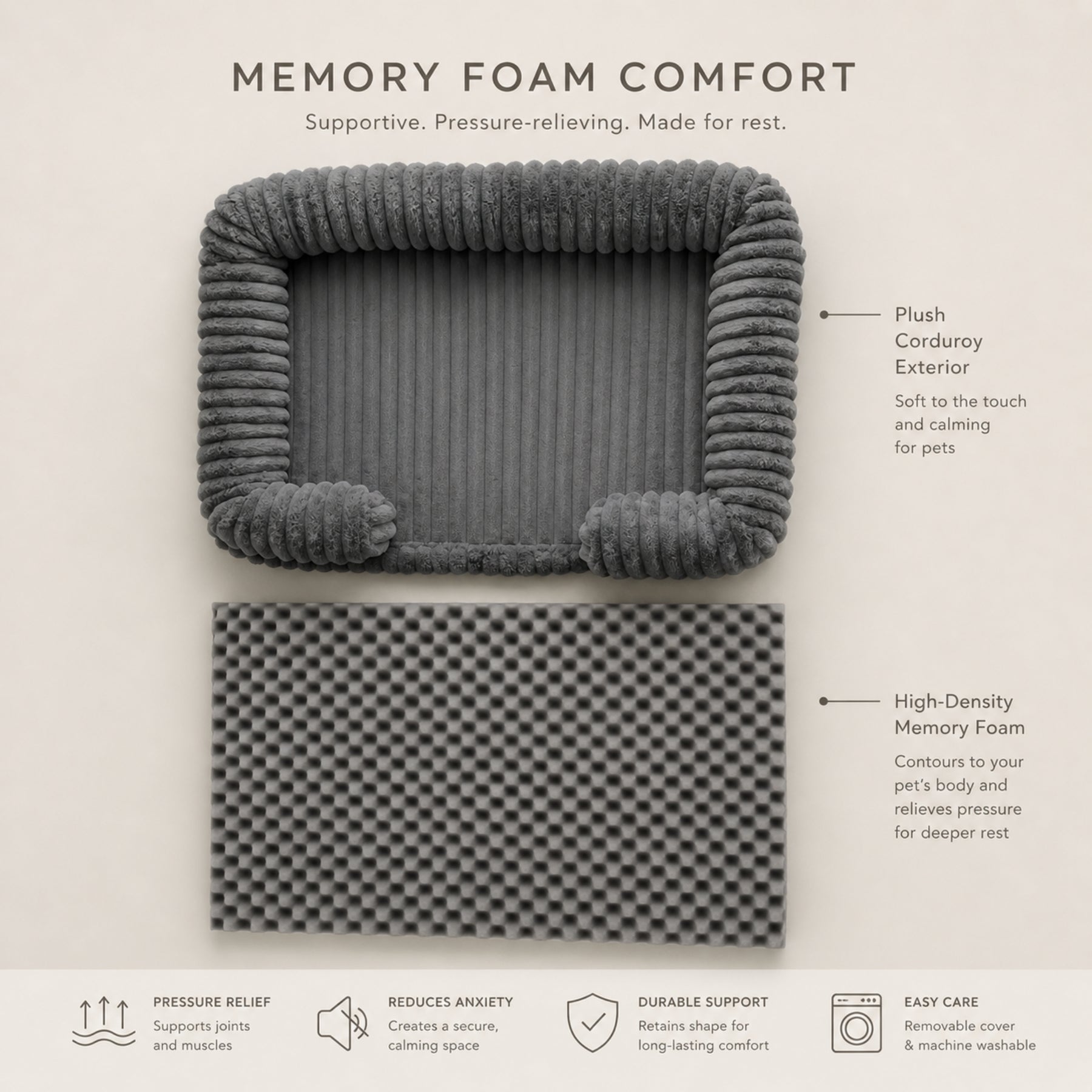 Supportive Memory Foam Dog Bed – Plush Calming Pet Sofa with Removable Washable Cover, Non-Slip Base Orthopedic Dog Bed for Small, Medium & Large Dogs