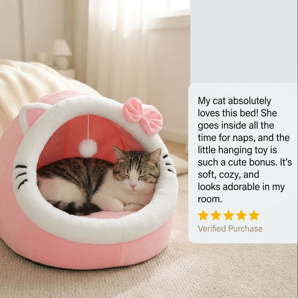 Plush Cat Cave Bed with Hanging Toy - Cozy Cat & Small Dog Bed