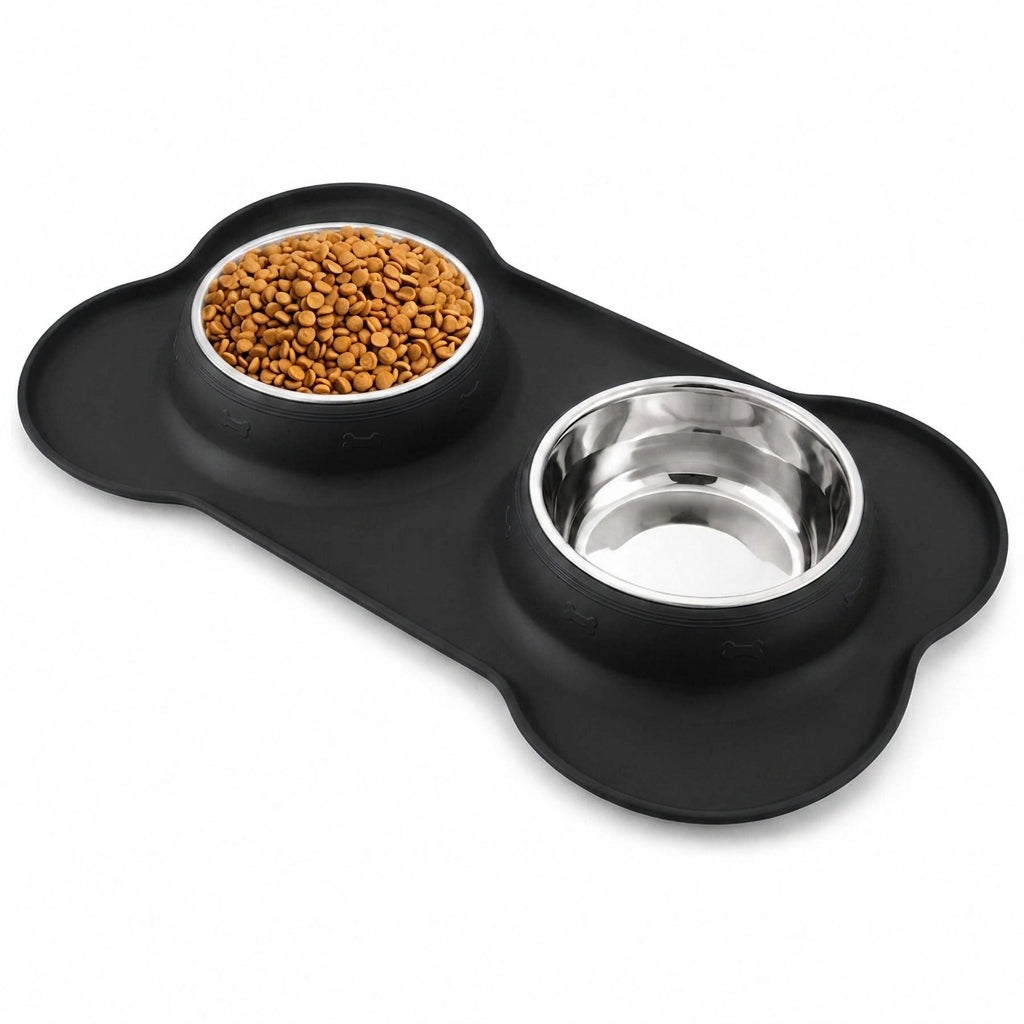 Double Dog & Cat Bowls with Silicone Mat – Non Slip Food & Water Set