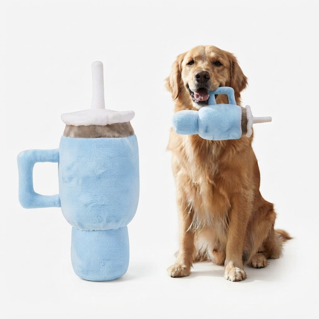 Cute Mug-Shaped Dog Chew Toy for Puppies, Squeaky Plush Toy, Pink & Blue