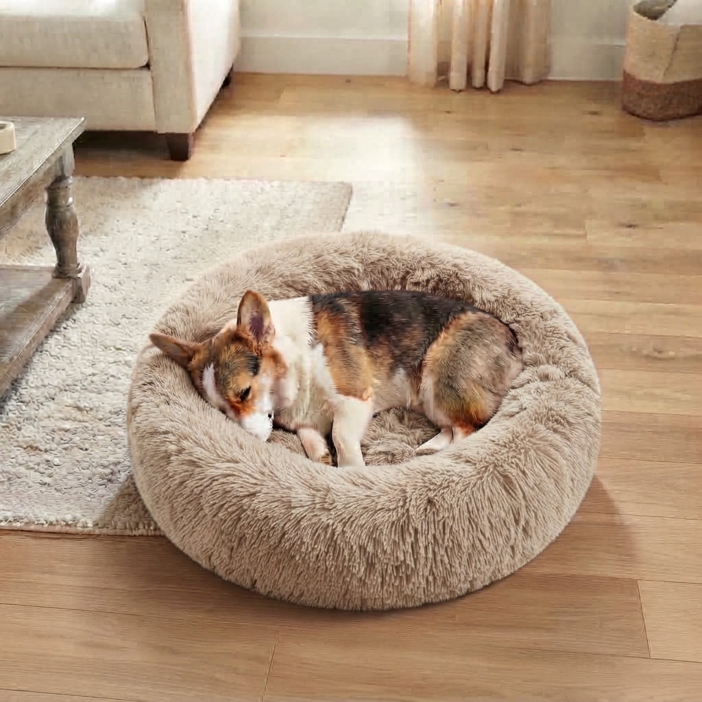 Calming Donut Dog Bed – Plush Faux Fur Cozy Bed for Dogs & Cats