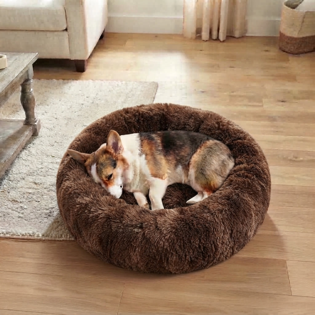 Calming Donut Dog Bed – Plush Faux Fur Cozy Bed for Dogs & Cats