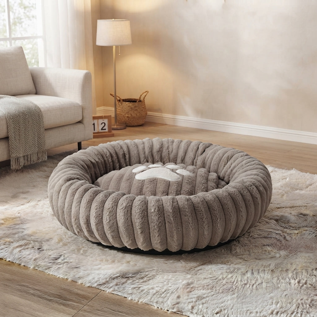 Large Orthopedic Non-Slip Dog Bed - Winter Warm Faux Fur Round Pet Bed with Raised Edges