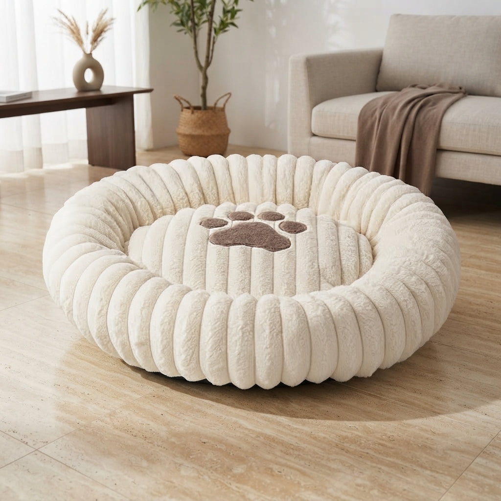 Large Orthopedic Non-Slip Dog Bed - Winter Warm Faux Fur Round Pet Bed with Raised Edges