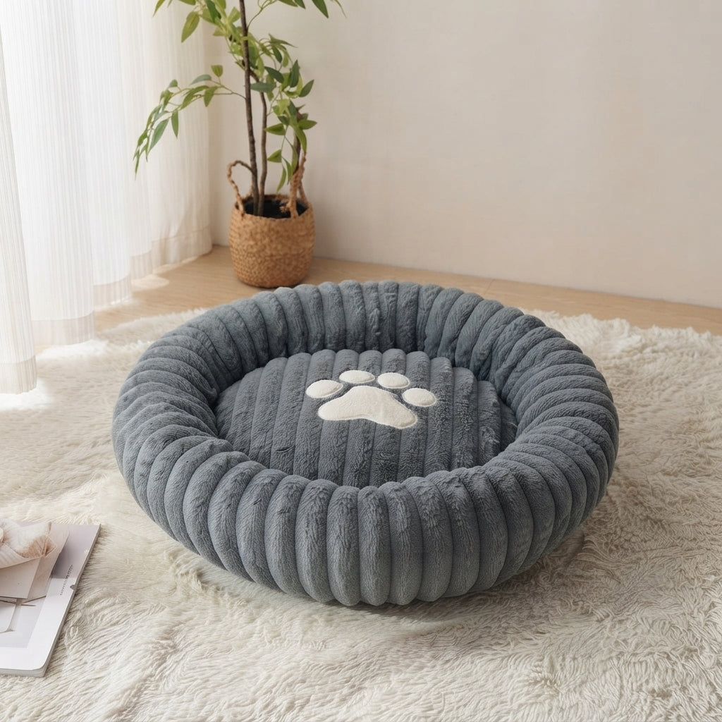 Large Orthopedic Non-Slip Dog Bed - Winter Warm Faux Fur Round Pet Bed with Raised Edges