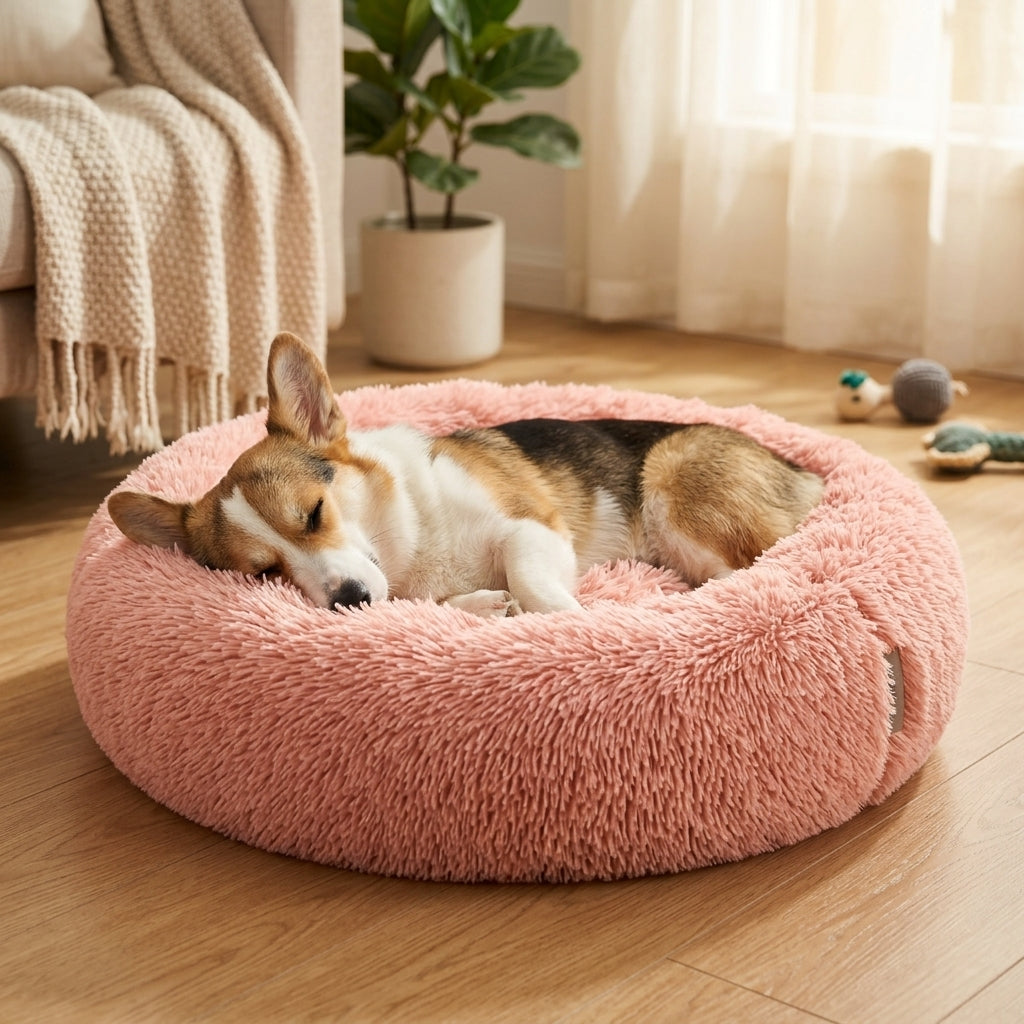 Calming Donut Dog Bed – Plush Faux Fur Cozy Bed for Dogs & Cats