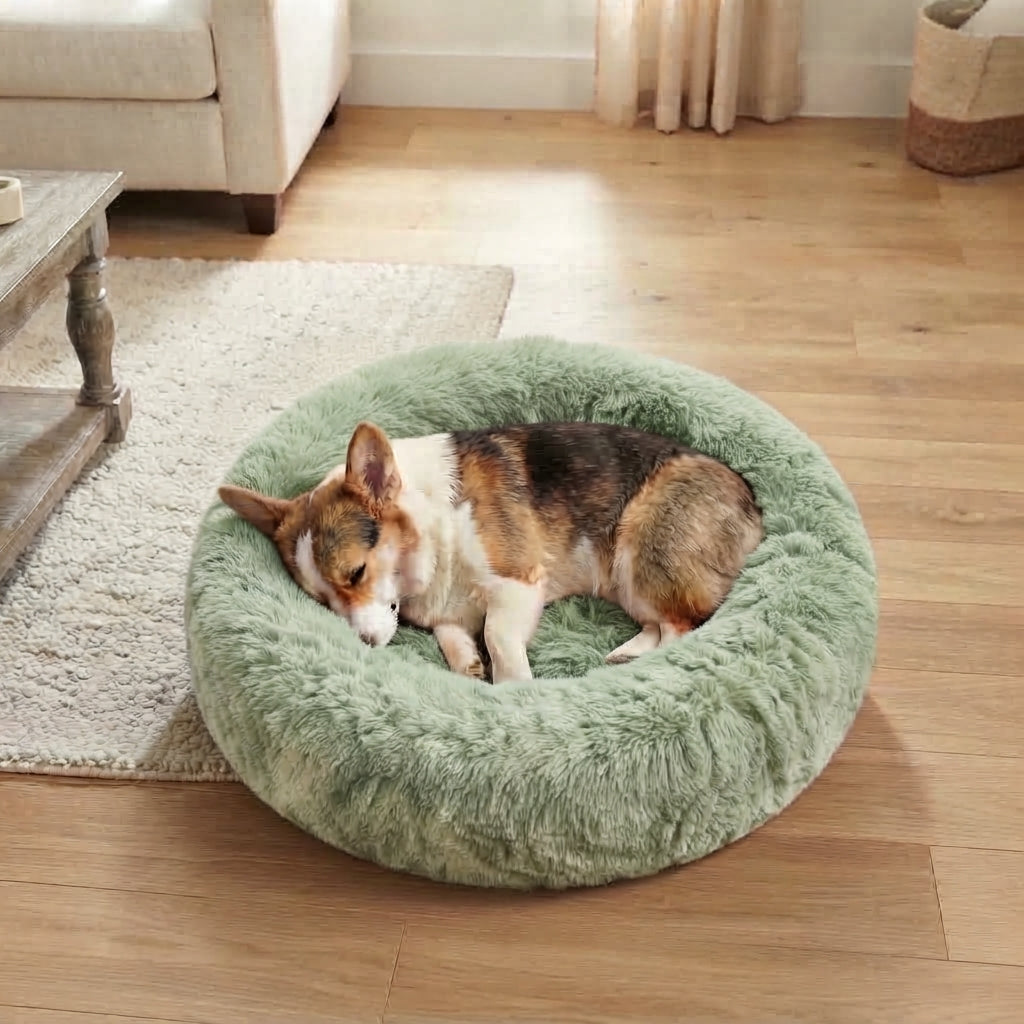 Calming Donut Dog Bed – Plush Faux Fur Cozy Bed for Dogs & Cats