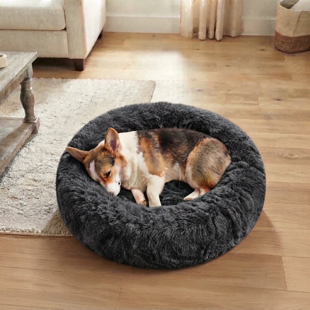 Calming Donut Dog Bed – Plush Faux Fur Cozy Bed for Dogs & Cats