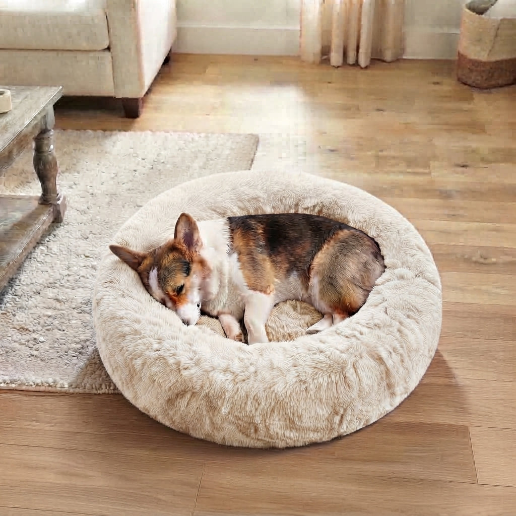 Calming Donut Dog Bed – Plush Faux Fur Cozy Bed for Dogs & Cats