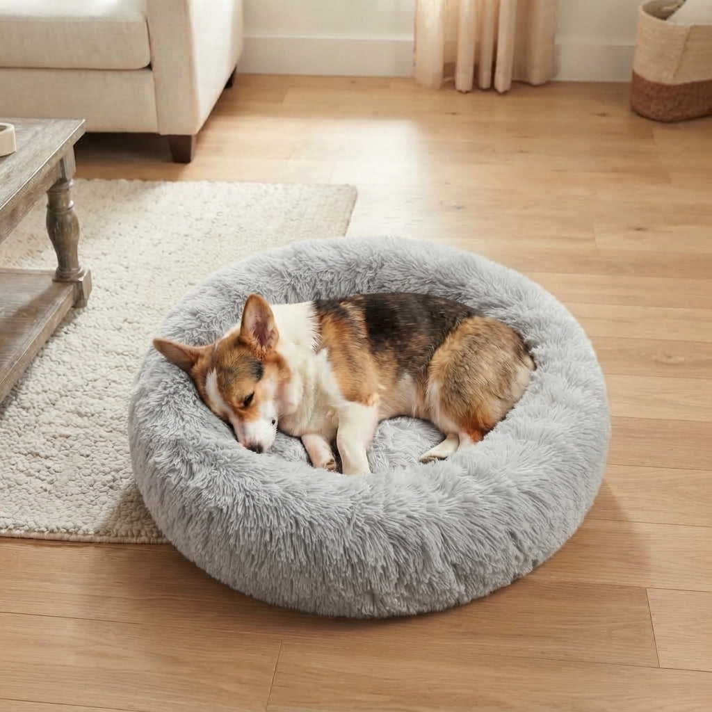Calming Donut Dog Bed – Plush Faux Fur Cozy Bed for Dogs & Cats