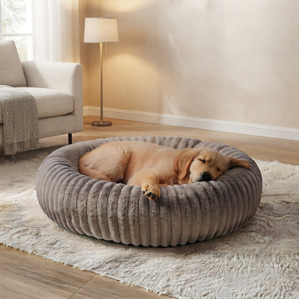 Large Orthopedic Non-Slip Dog Bed - Winter Warm Faux Fur Round Pet Bed with Raised Edges