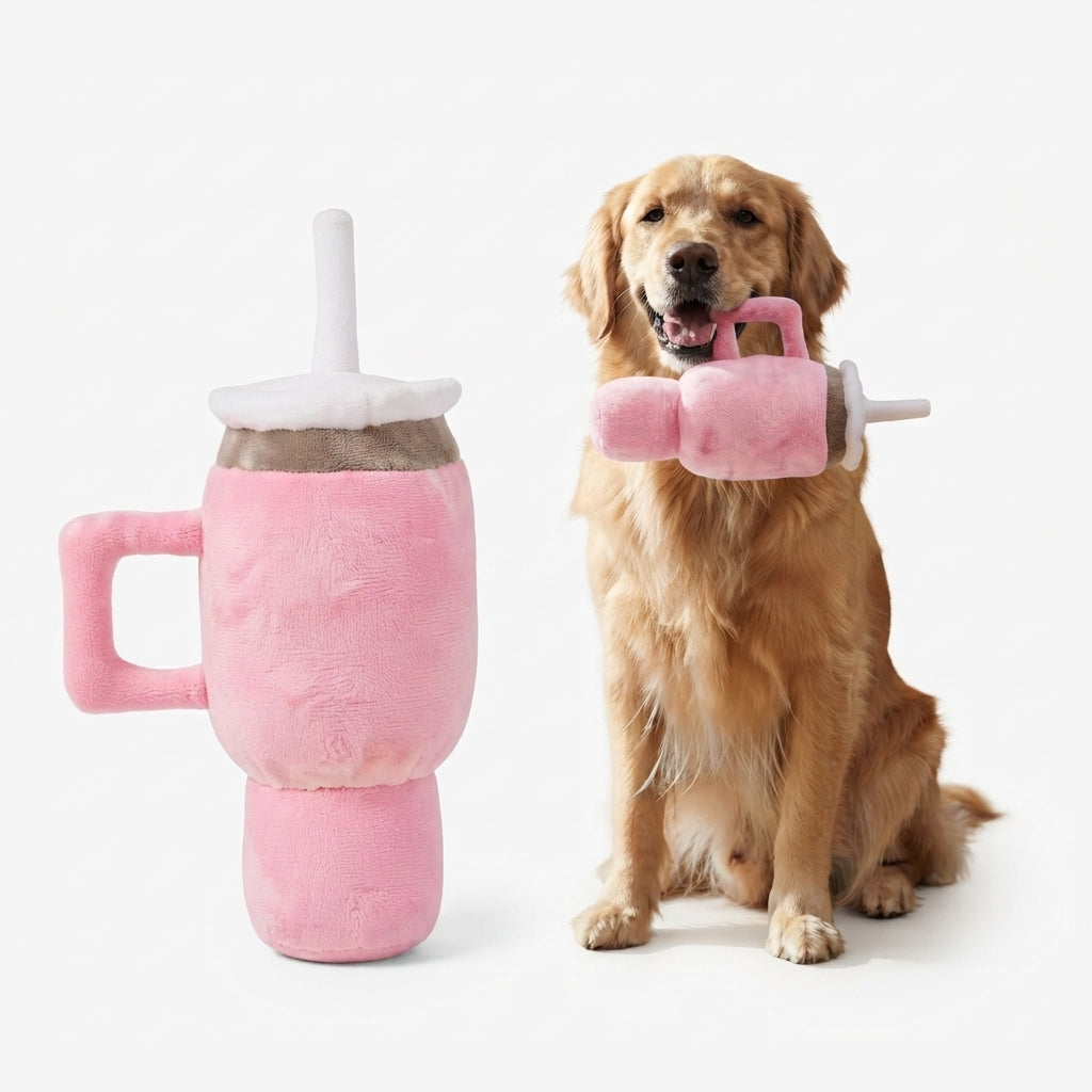 Cute Mug-Shaped Dog Chew Toy for Puppies, Squeaky Plush Toy, Pink & Blue