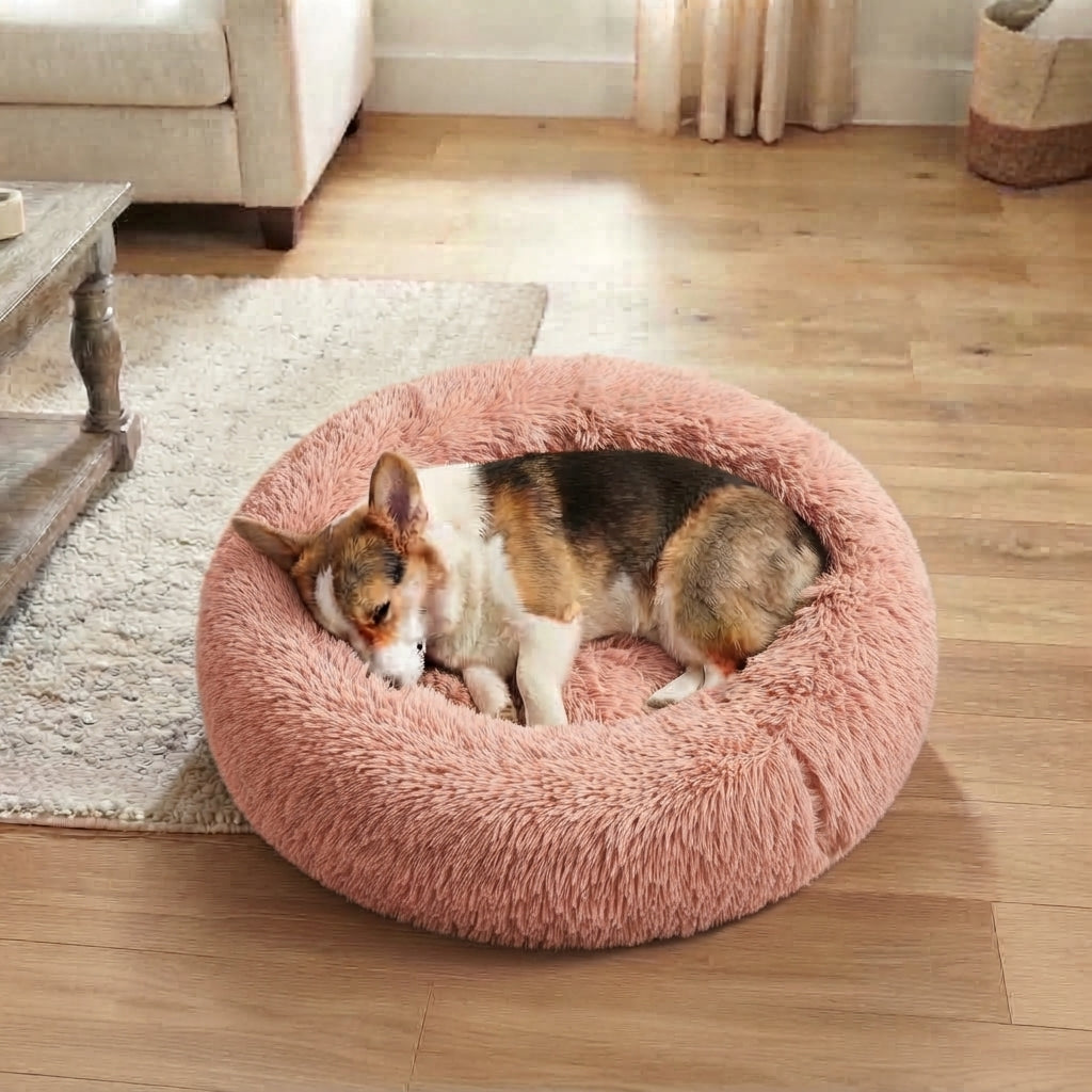 Calming Donut Dog Bed – Plush Faux Fur Cozy Bed for Dogs & Cats
