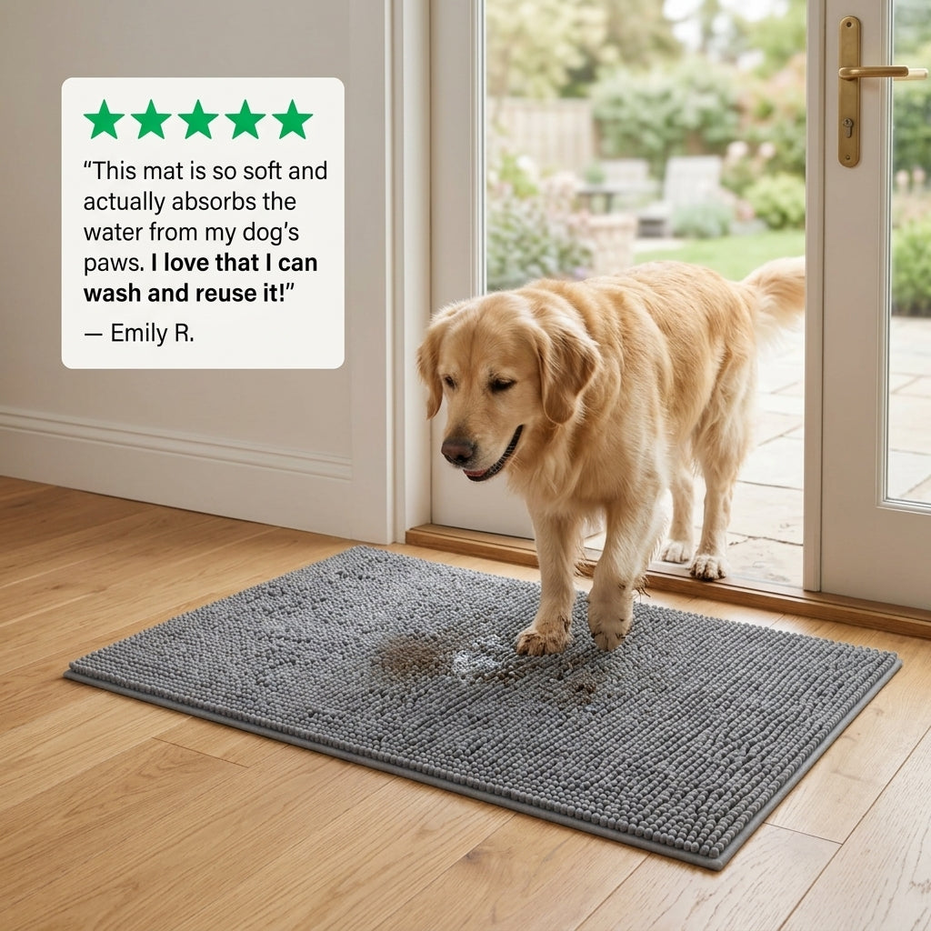 Dog Door Mat - Washable Absorbent Microfiber Mat for Muddy Paws, Grey