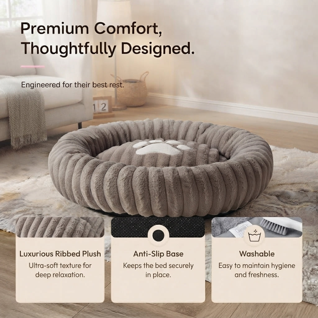 Large Orthopedic Non-Slip Dog Bed - Winter Warm Faux Fur Round Pet Bed with Raised Edges