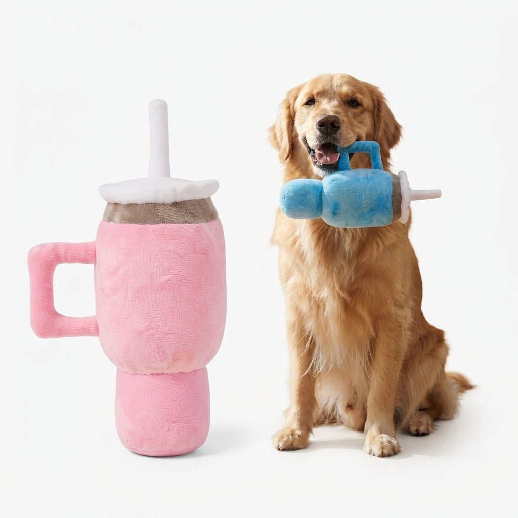 Cute Mug-Shaped Dog Chew Toy for Puppies, Squeaky Plush Toy, Pink & Blue