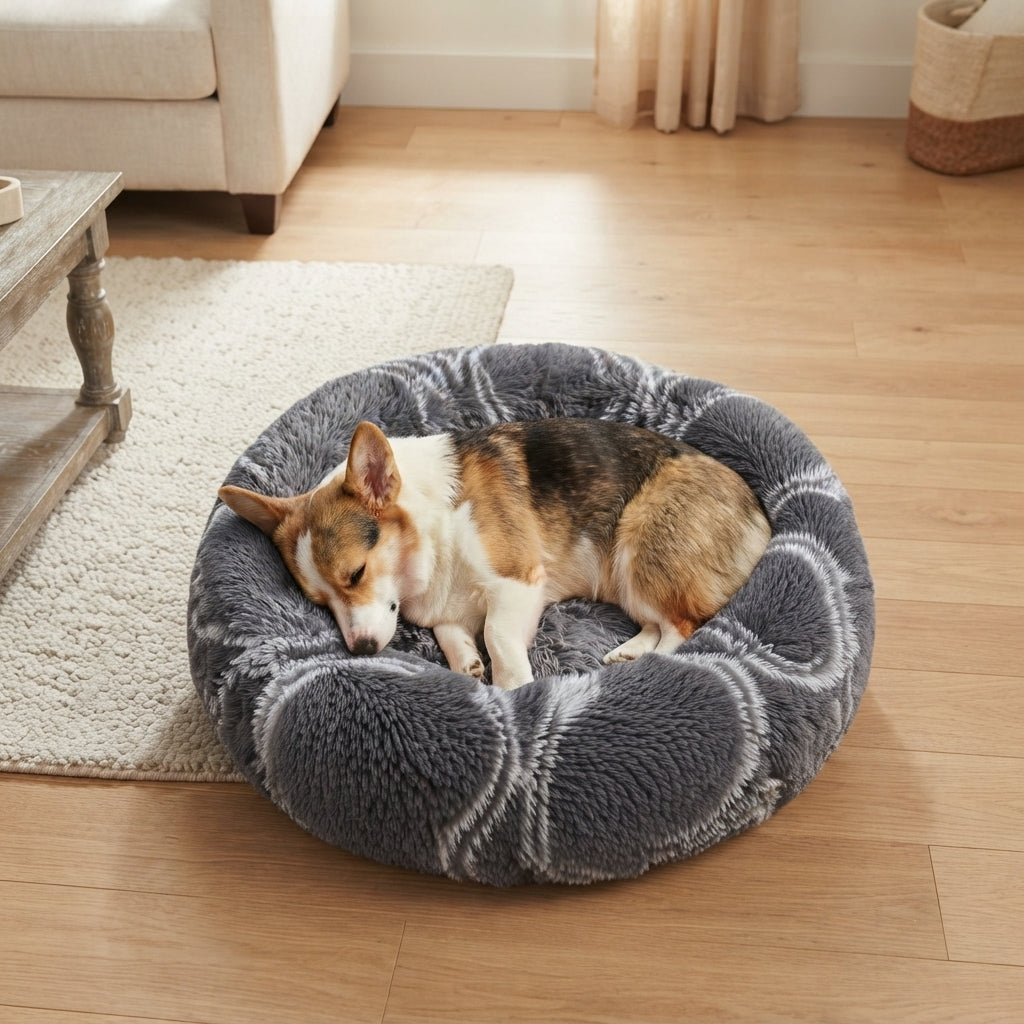 Calming Donut Dog Bed – Plush Faux Fur Cozy Bed for Dogs & Cats