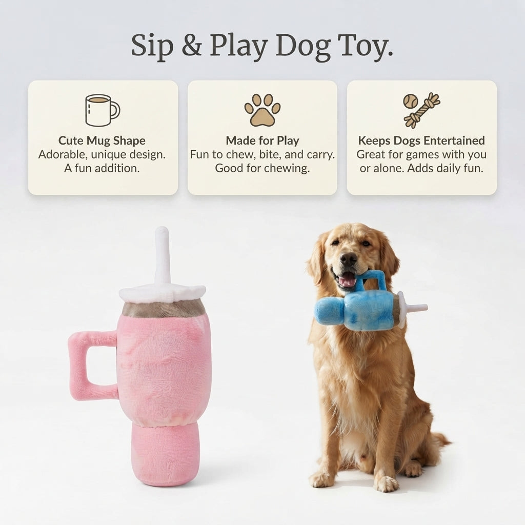 Cute Mug-Shaped Dog Chew Toy for Puppies, Squeaky Plush Toy, Pink & Blue