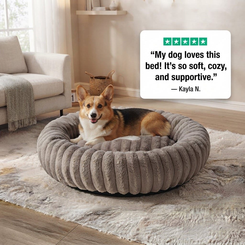 Large Orthopedic Non-Slip Dog Bed - Winter Warm Faux Fur Round Pet Bed with Raised Edges